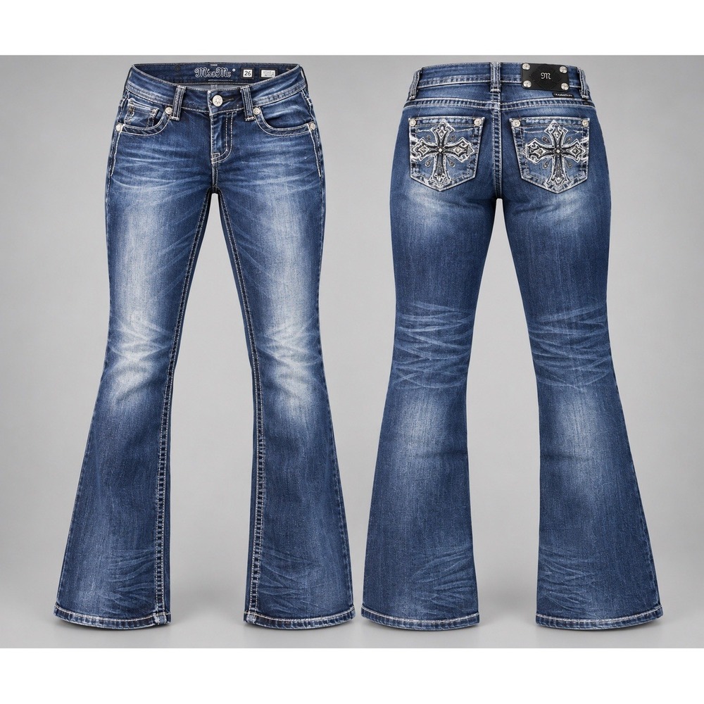 MISS ME Cross Boot  Jeans womens 26x31 jp50452 med wash thick stitch whiskering